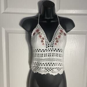 Delias Crochet Halter Top Women XXS White Floral Embroiderd Dolls Kill Festival